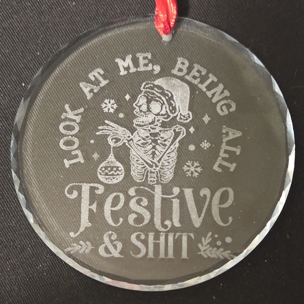 Humorous Skeleton Holiday Ornament with Red Ribbon